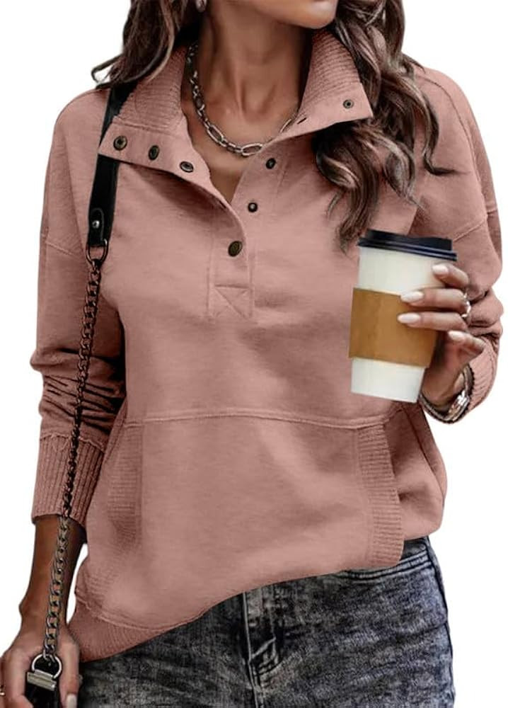 SHEWIN Women's Casual Long Sleeve Stand Neck Sweatshirt Lightweight Button Drawstring Pullover To... | Amazon (US)