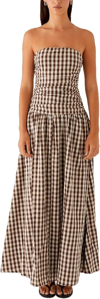 Luckinbaby Women Strapless Drop Waist Maxi Dress Y2k Long Floral Tube Dress Flowy A Line Off Shou... | Amazon (US)