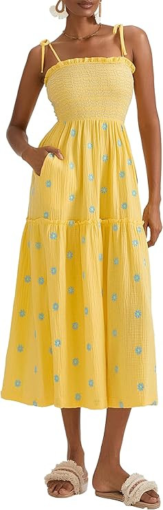 ABYOVRT Women Floral Embroidered Maxi Dress Sleeveless Tie Shoulder Smocked Flowy Dress Boho Summ... | Amazon (US)