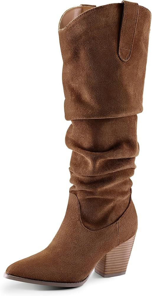 mysoft Women's Cowboy Knee-High Boots Pointed Toe Wide Calf Mid Chunky Heel Pull On Slouchy Boots... | Amazon (US)