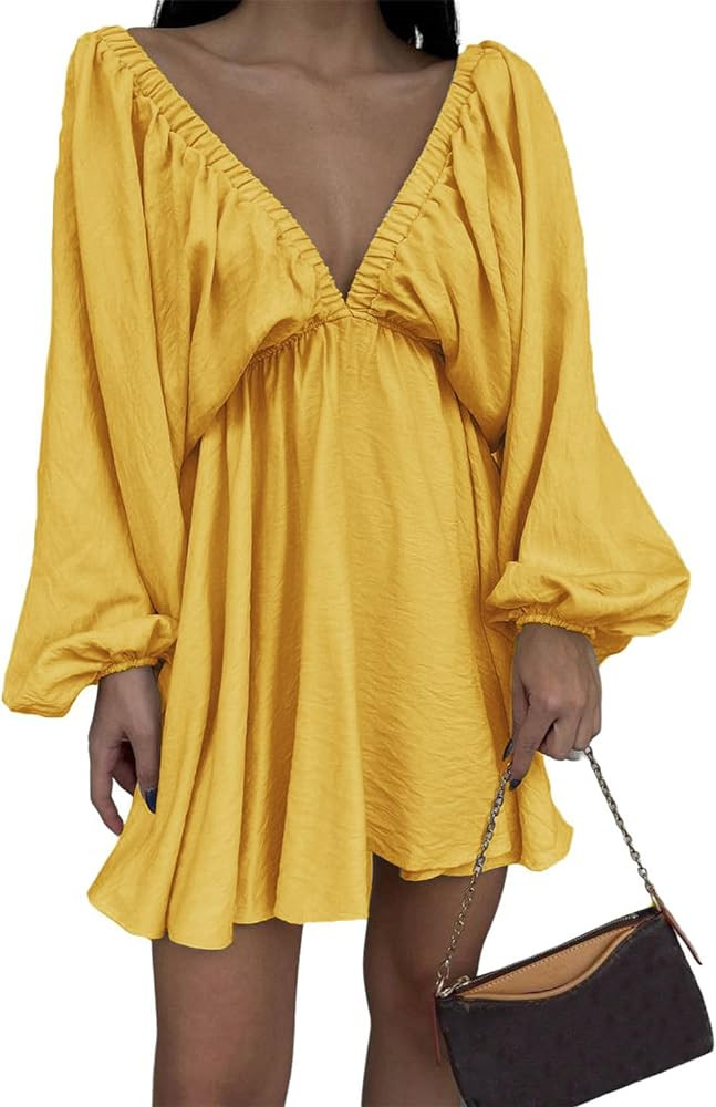 LOFAAC Women Sexy Deep V Neck Puff Long Sleeve Mini Dress Backless High Waist Ruffle Short Dress ... | Amazon (US)