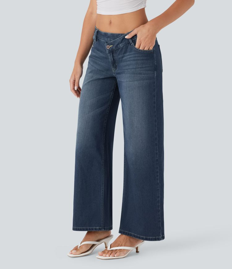 Women’s Halara Flex™ Asymmetric Low Rise Zipper Pockets Baggy Wide Leg Washed Casual Jeans - ... | HALARA