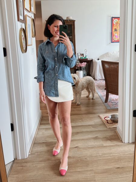 Brunch, denim button down, jean shirt, classic style, petite, elevated, spring outfit, summer skirt outfit, white skirt, pink shoes, Chanel, Ralph Lauren, Zara 

#LTKfindsunder50 #LTKstyletip #LTKfindsunder100