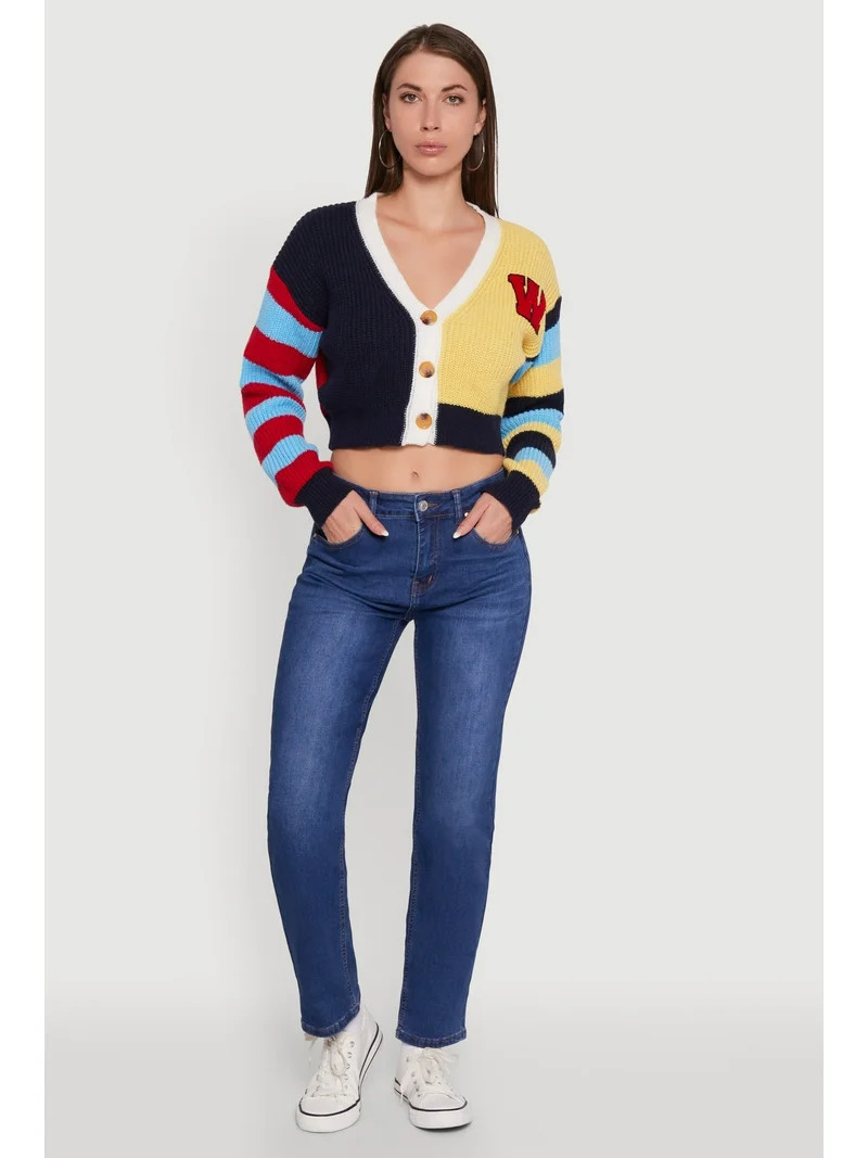 Womens Daisy Color Block Patch Cropped Button Front Cardigan | Walmart (US)
