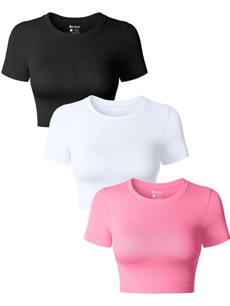 OQQ Women's 3 Piece Crop Tops Crew Neck Shorts Sleeve Stretch Fitted Shirts Crop Tops | Amazon (US)