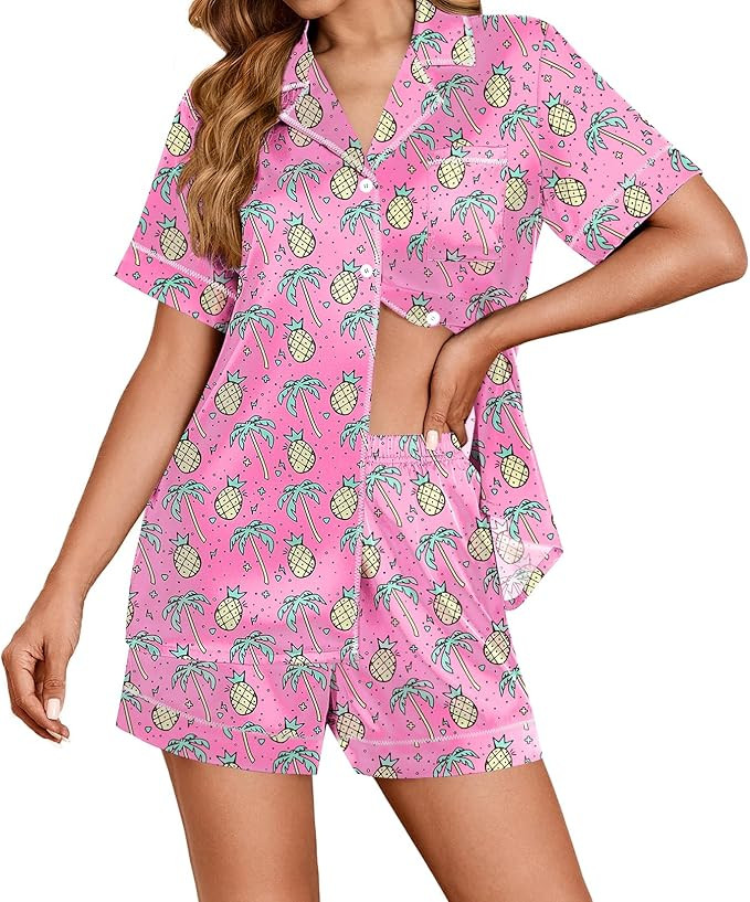Ekouaer Womens Satin Silk Pajamas Set Short Sleeve Sleepwear Button Down Top and Shorts Loungewea... | Amazon (US)