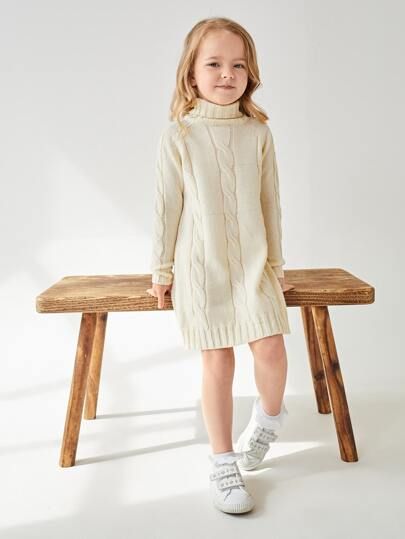SHEIN BASICS Toddler Girls Raglan Sleeve Cable Knit Sweater Dress | SHEIN