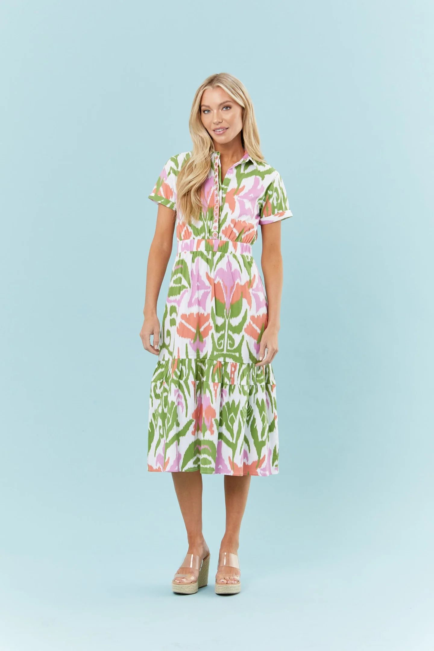 Gwyneth Dress in Tulip Ikat Peach + Green + Pink | Sheridan French