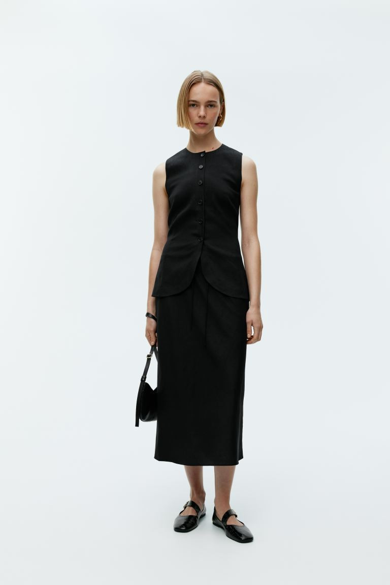 Linen-Blend Waistcoat - Round neck - Sleeveless - Black - Ladies | H&M GB | H&M (UK, MY, IN, SG, PH, TW, HK)