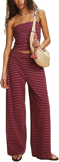 Women Sexy 2 Piece Striped Outfits Backless Sleeveless Crop Tube Top and Wide Leg Pants Set Party... | Amazon (US)