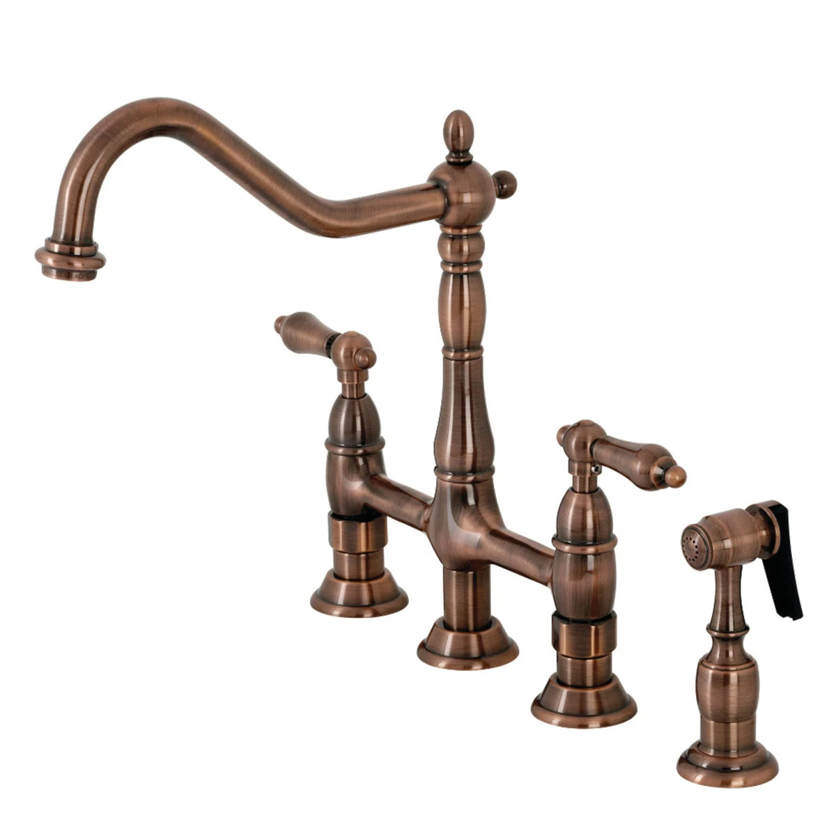 Kingston Brass Heritage Two-Handle 4-Hole Deck Mount Bridge Kitchen Faucet with Brass Side Spraye... | Wayfair North America
