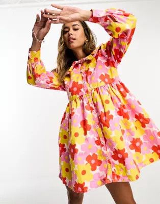 Neon Rose collar detail mini smock shirt dress in bright retro floral | ASOS (Global)