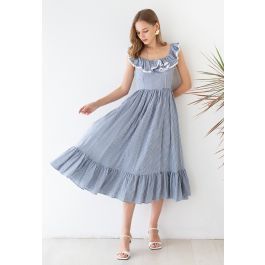 Gingham Ruffled Shoulder Frilling Dress in Blue | Chicwish