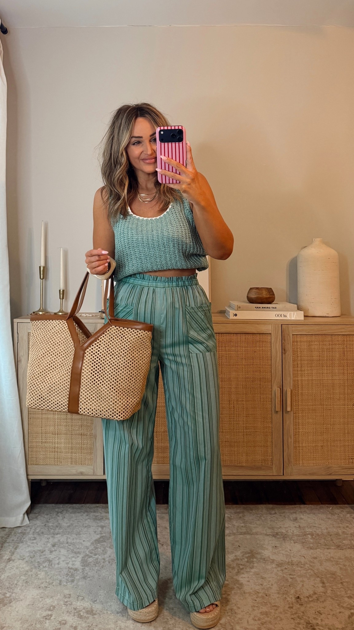 if spring vacation was an outfit!! 😍 the colors, textures, style + fit 12/10 for both of these pieces! the knit top is so nice + good quality, would be so cute with denim shorts or white linen pants. the pants are SO comfy!!! tall girl friendly, the style is so fun! size M in both. the top is slouchy and loose you could size down in this one. use code LEANN35 at checkout for 35% off works sitewide! vici, spring break, vacation outfit 