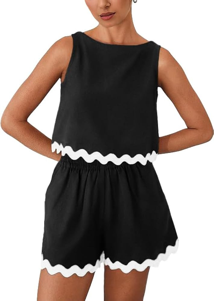 GRECERELLE Women 2024 Summer 2 Piece Outfits Set Lace Trim Crewneck Tank Crop Top and Shorts Loun... | Amazon (US)