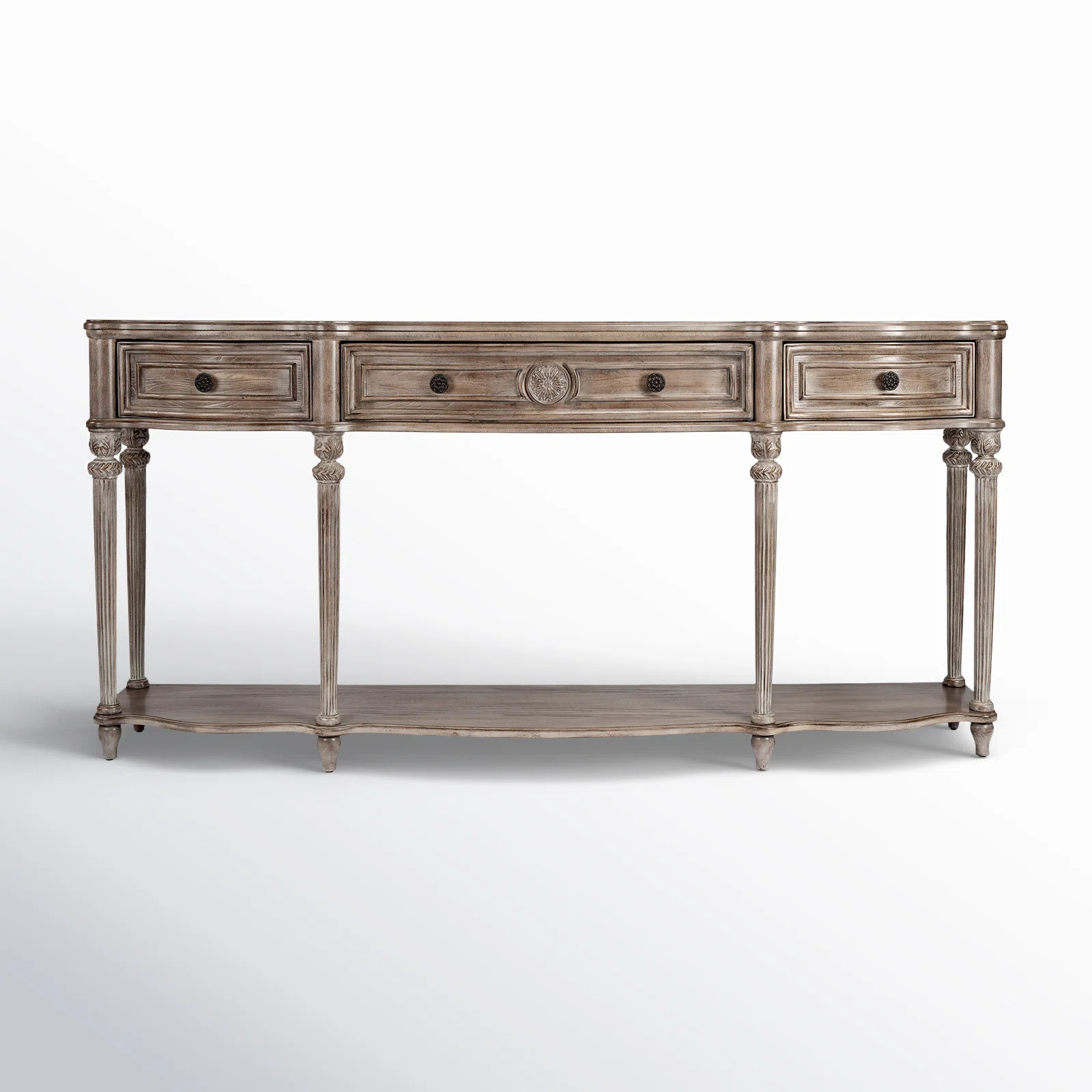 Balsam 72 in. W Wood 3 Drawer Traditional Console Table with Lower Shelf, Driftwood | Wayfair North America