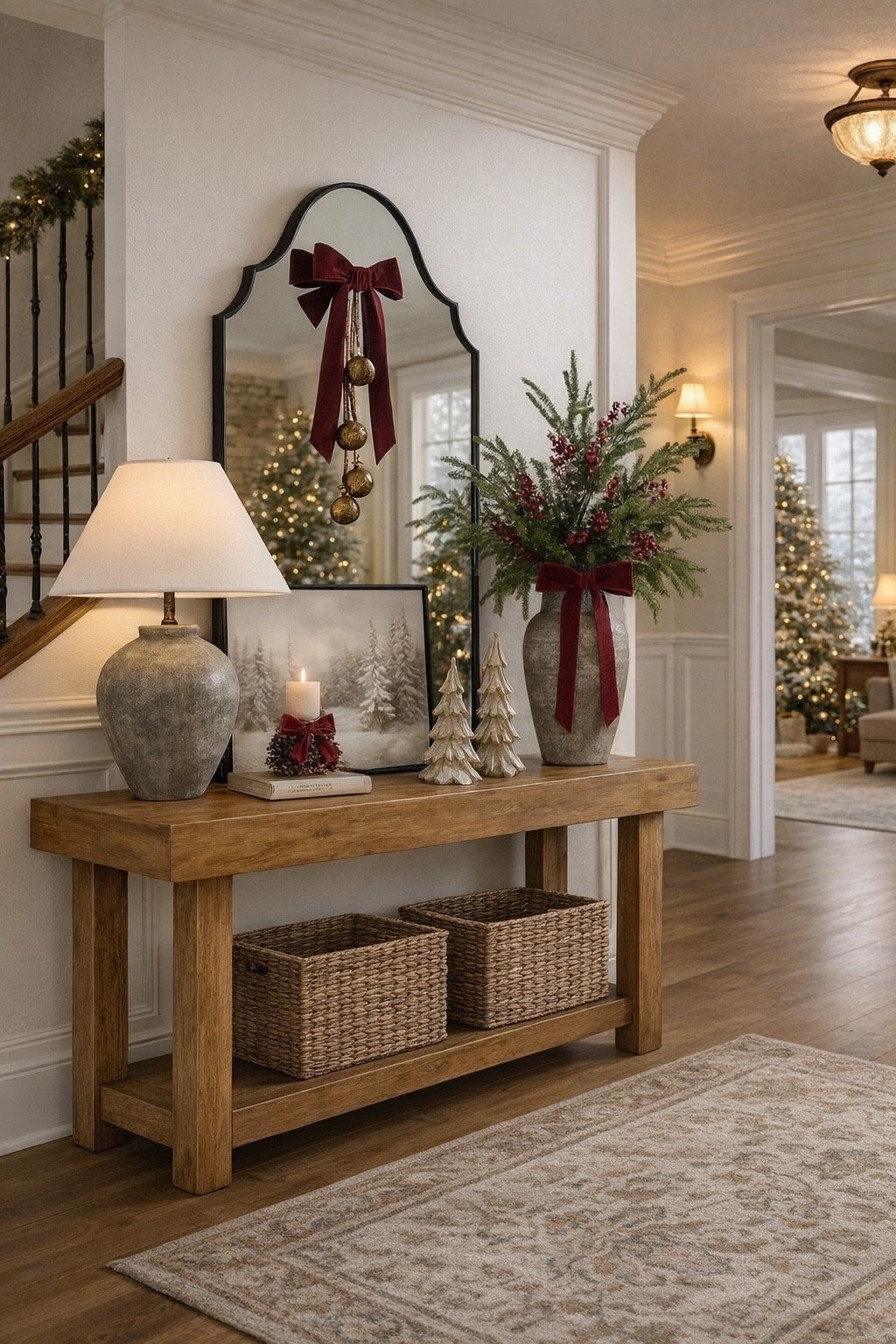 Wayfair Christmas Console Styling
Follow @farmtotablecreations on Instagram for more home styling ideas ✨

I created this one in a different setting with a more traditional rug and I love it. 

This console is filled with warm, cozy Christmas textures — from the oversized stone lamp to the snowy artwork and berry-filled arrangement topped with the sweetest velvet bow. I love how the gold bells, layered trees, and soft neutrals create that elevated yet approachable holiday look. Everything here is easy to mix into any home and instantly brings that classic Christmas charm.

#consoledecor #wayfairfinds #christmasdecor #holidaydecor #vase #lamp #christmastrees #berries #entrywaydecor #homedecor #neutraldecor #tablescape #holidaystyling




#LTKSaleAlert #LTKHoliday #LTKHome