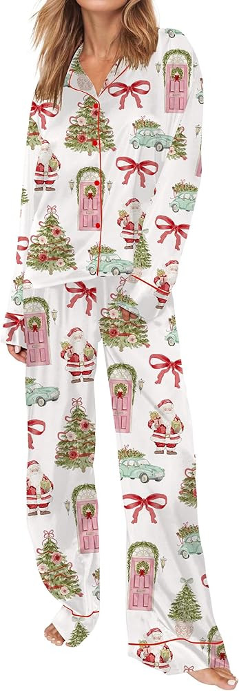 SHESHOW Christmas Pajamas for Women Pjs Christmas Print Long Sleeve Sleepwear Silk Womens Pajamas... | Amazon (US)