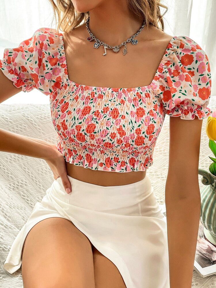 All Over Floral Print Shirred Blouse | SHEIN