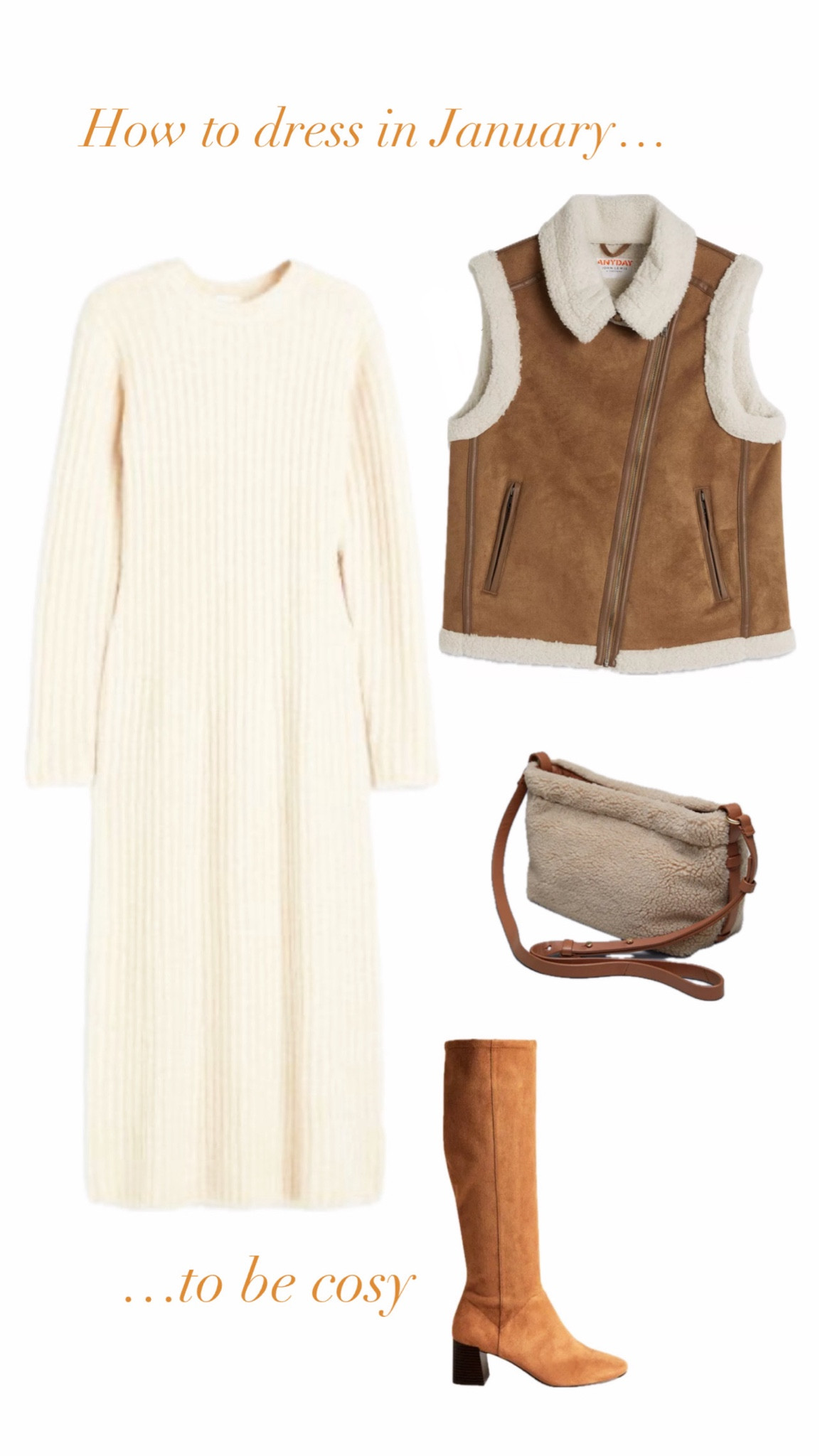 Knitted dress 
Knee high boots 
Gilet

#LTKstyletip #LTKmidsize #LTKover40