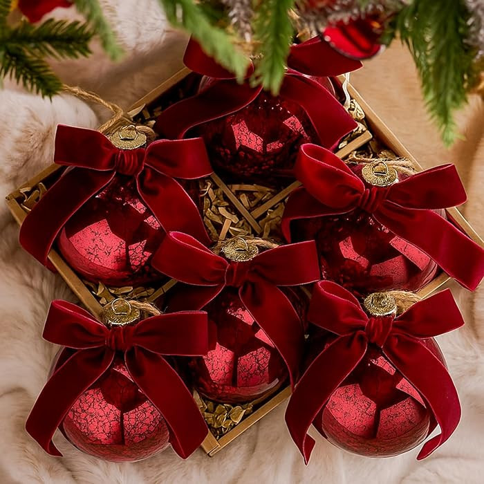 6 Pcs 4 Inch Large Vintage Mercury Glass Christmas Ornaments with Velvet Bow Christmas Hanging Gl... | Amazon (US)