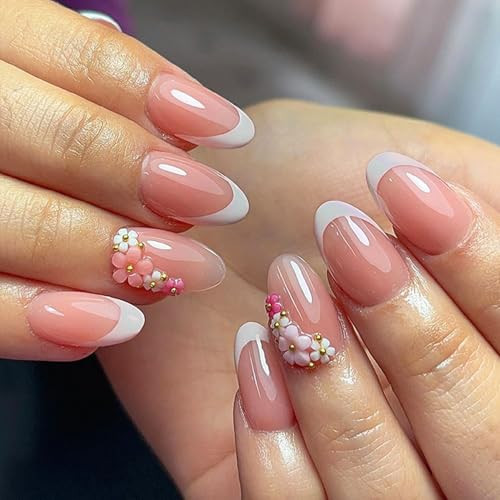 24Pcs 3D Flower Press on Nails Almond French Tip Fake Nails Spring Flower False Nail with Designs Stick on Fingernails Full Cover Reusable Glue on Nails for Women DIY Flowers Nail Art | Amazon (US)