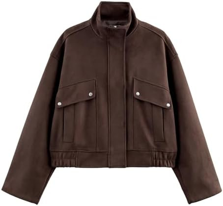 Womens Suede Bomber Jacket High Neck Casual Cropped Jackets Long Sleeve Zipper Streetwear Outerwe... | Amazon (US)
