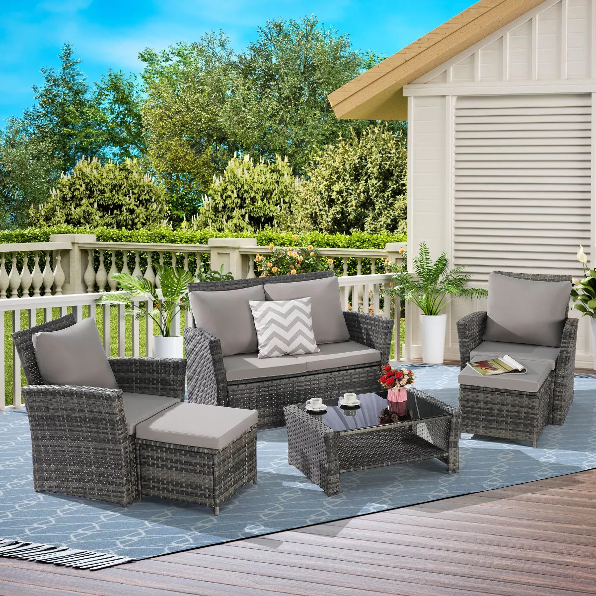 Sapphtopaz Patio Furniture Set Rattan Lounge Outdoor Conversation Chairs with Ottoman Rectangular... | Target