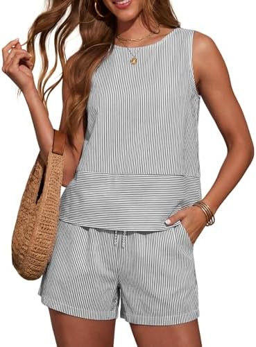 LOMON Women's Trendy 2 Piece Outfits Shorts Sets Summer Crew Neck Sleeveless Tank Top and Bottom ... | Amazon (US)
