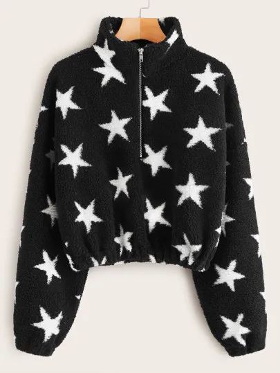 Star Pattern Half Placket Teddy Sweatshirt | SHEIN