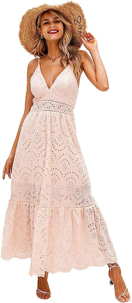 BerryGo Women's Embroidery Pearl Button Down Dress V Neck Spaghetti Strap Maxi Dress | Amazon (US)