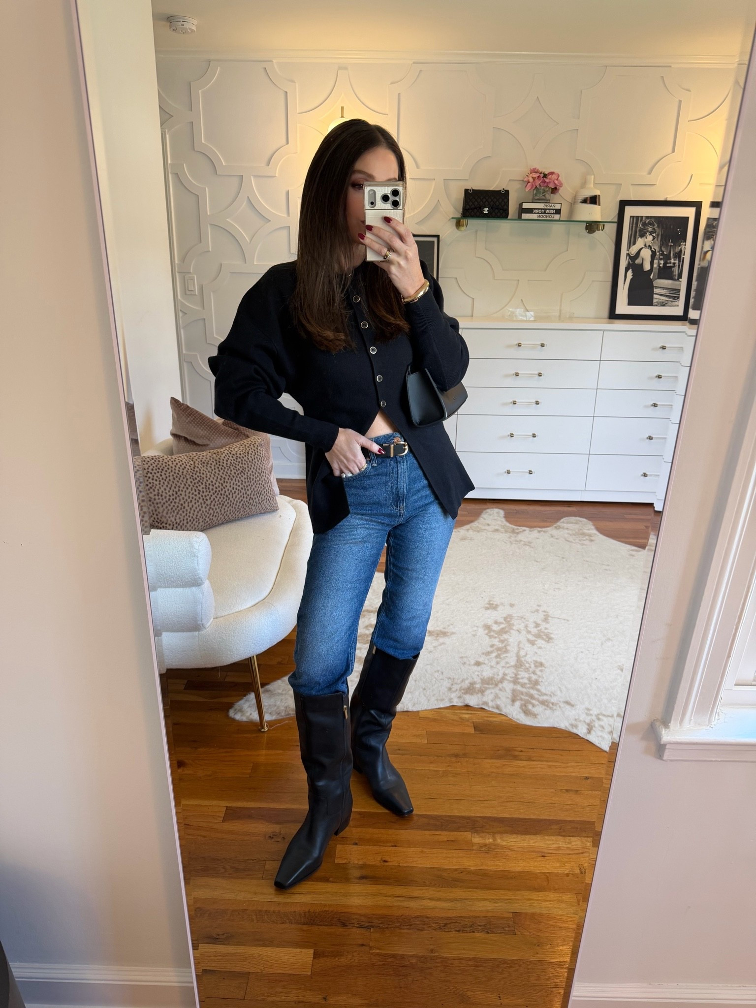 A modern way to style a cardigan with a flat knee high boot! I did my true size in the jeans and cardigan and the boots sized half a size up!