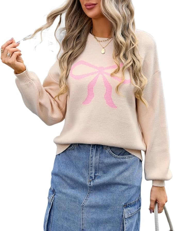 Sumleno Womens Fall Winter Casual Sweater Cute Bow Crewneck Long Sleeve Baggy Knit Sweatshirt Top... | Amazon (US)