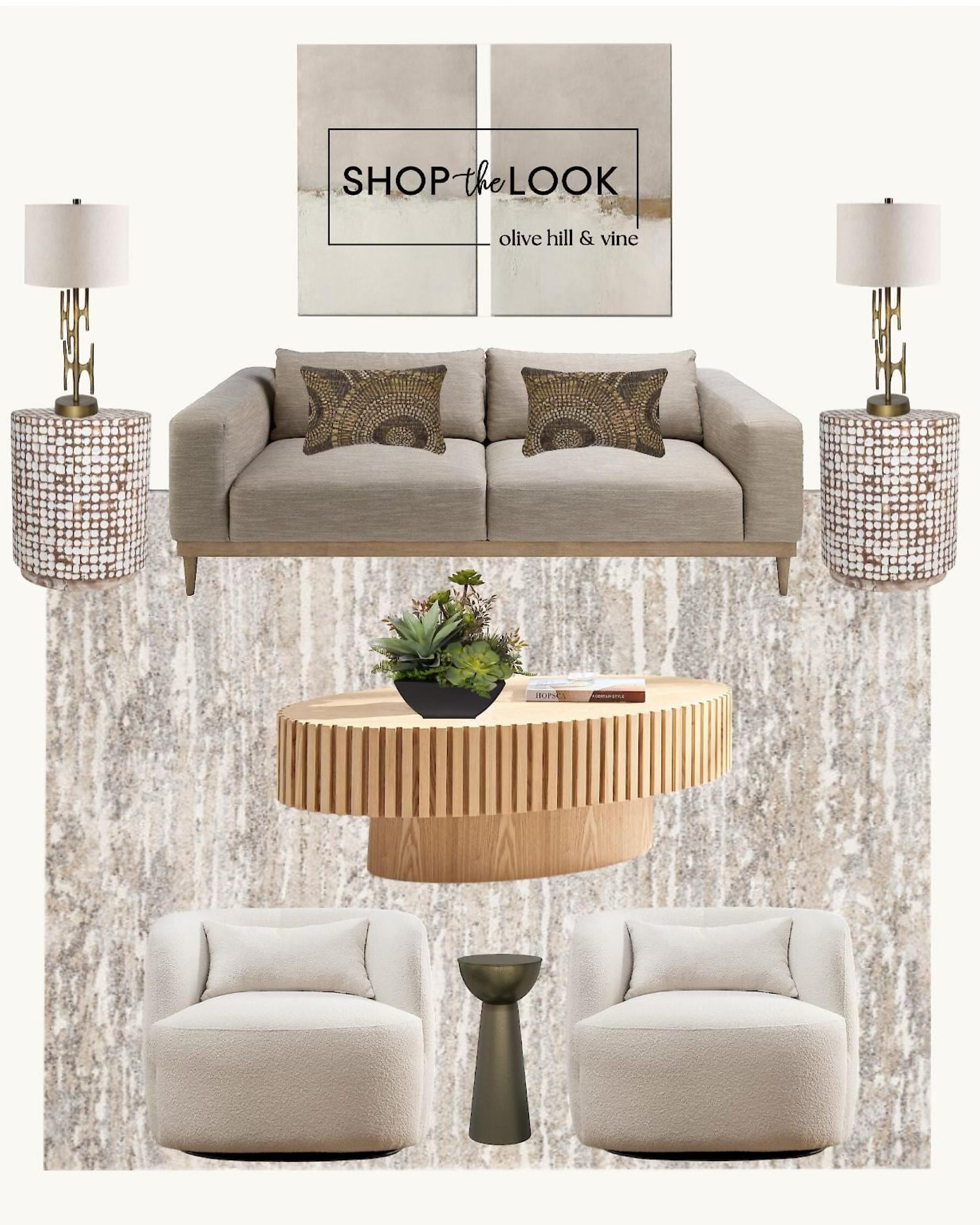 Set the scene for effortless style with a living room that balances mid-century charm and modern warmth. A low-profile sofa pairs with boucle swivel chairs, mosaic side tables, a fluted-edge coffee table, retro lamps, and a woven rug for a timeless neutral vibe.

#LTKStyleTip #LTKHome #LTKFamily