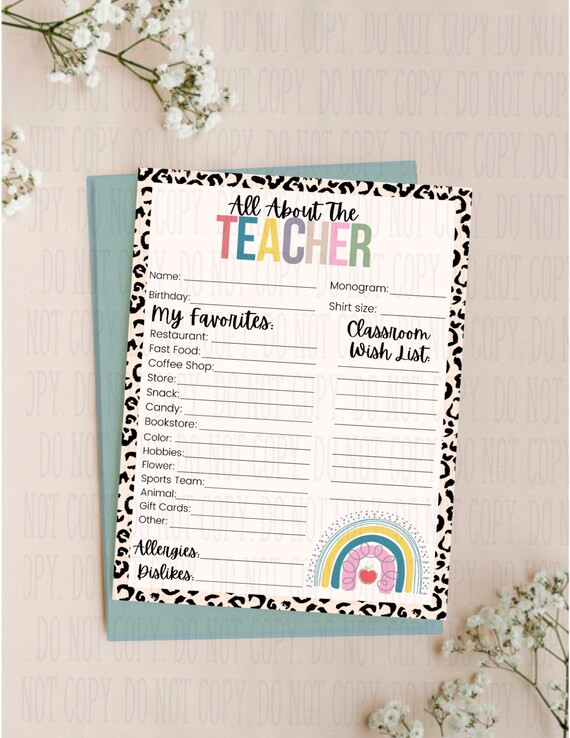 DIGITAL DOWNLOAD-All About The Teacher Questionnaire/ Back to School/ teacher appreciation/ print... | Etsy (US)