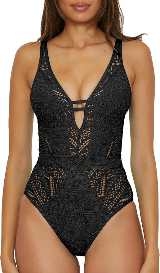 Becca Color Play One Piece Swimsuit, Plunge Neck, Crochet, Bathing Suits for Women       
       ... | Amazon (US)
