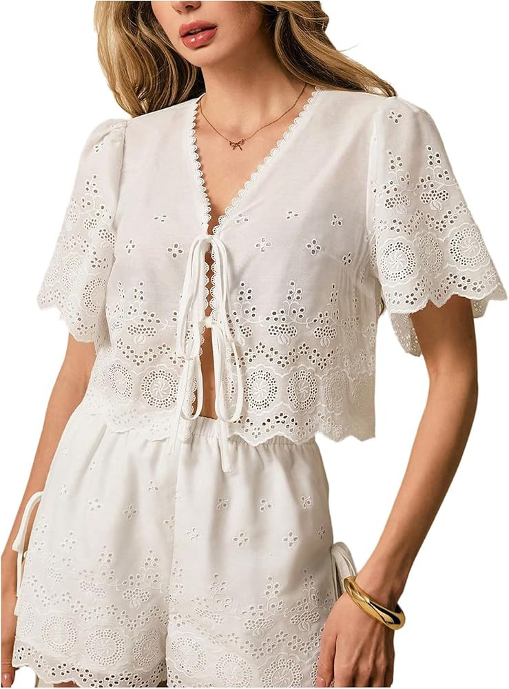 SOLY HUX Women's Hollow Tie Front Crop Tops Ruffle Short Sleeve V Neck Summer Blouse Shirts | Amazon (US)