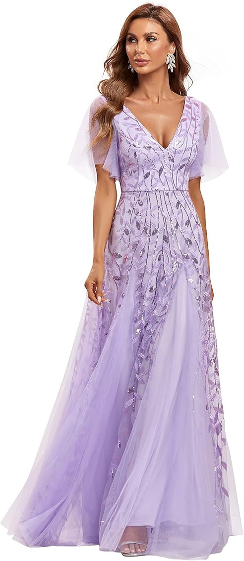 Ever-Pretty Women's V-Neck Embroidery Short Sleeve Wedding Party Evening Dress 0734 | Amazon (US)