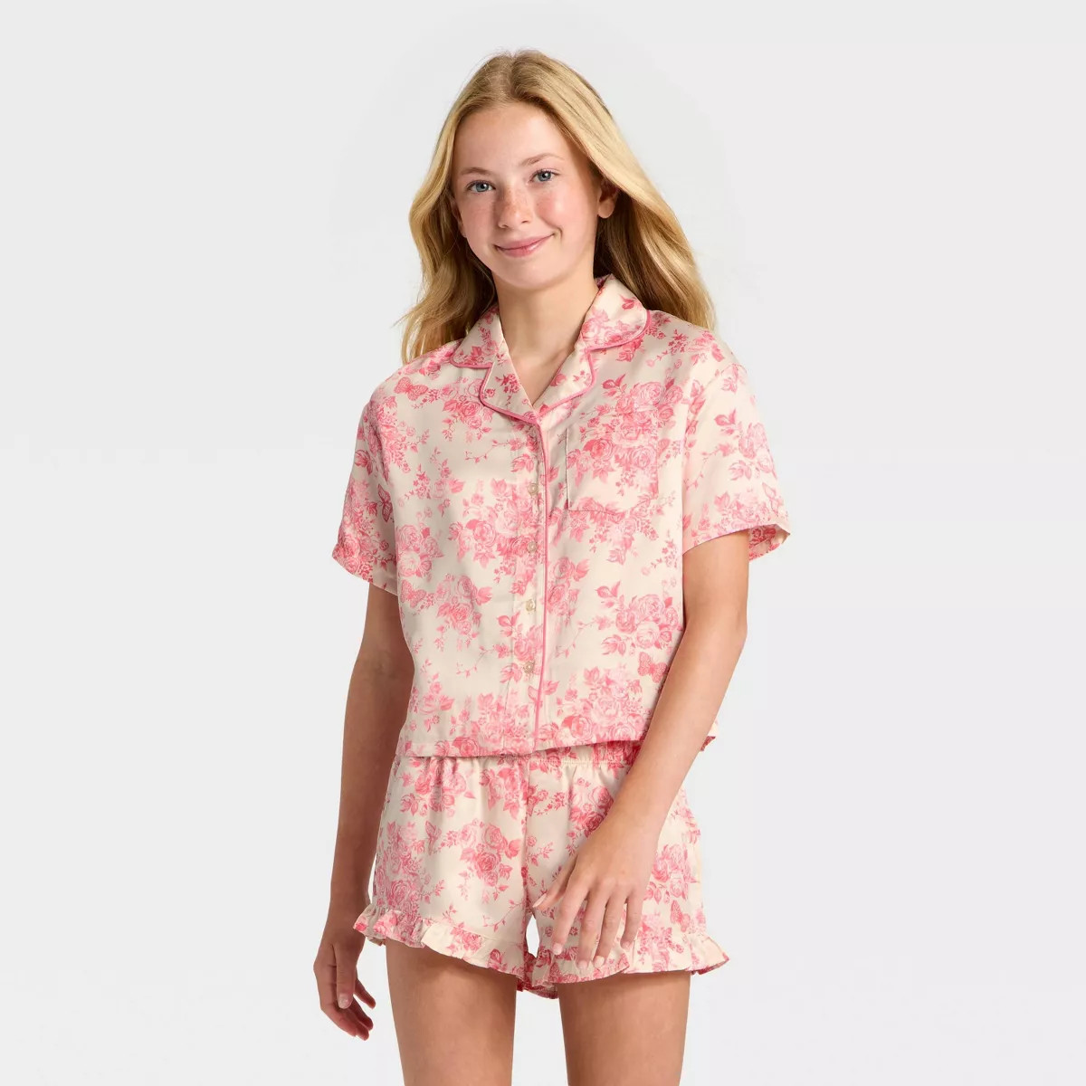 Girls' 2pc Short Sleeve Button-Down Satin Pajama Set - art class™ | Target