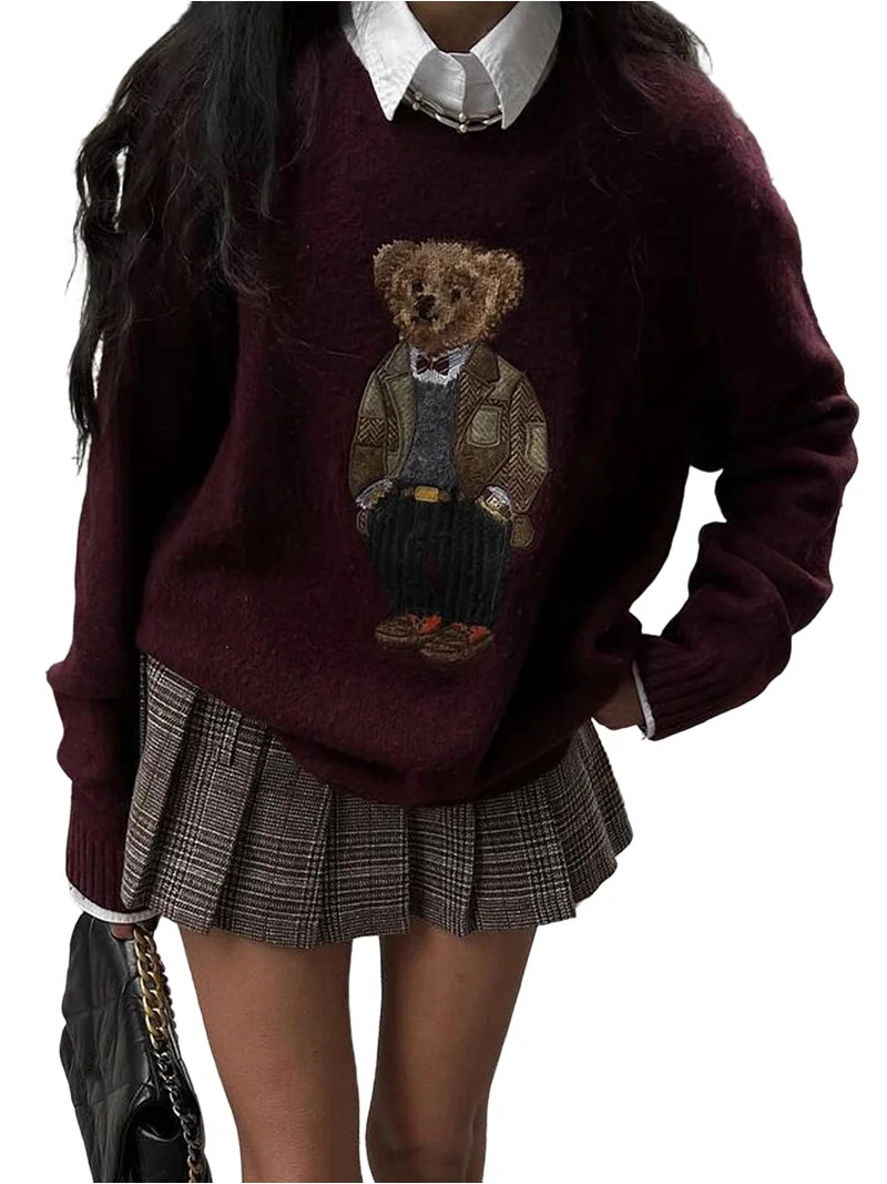Women'S Bear Long Sleeve Pullover Sweater Cute Crew Neck Knitted Tops Wine Red M | Walmart (US)