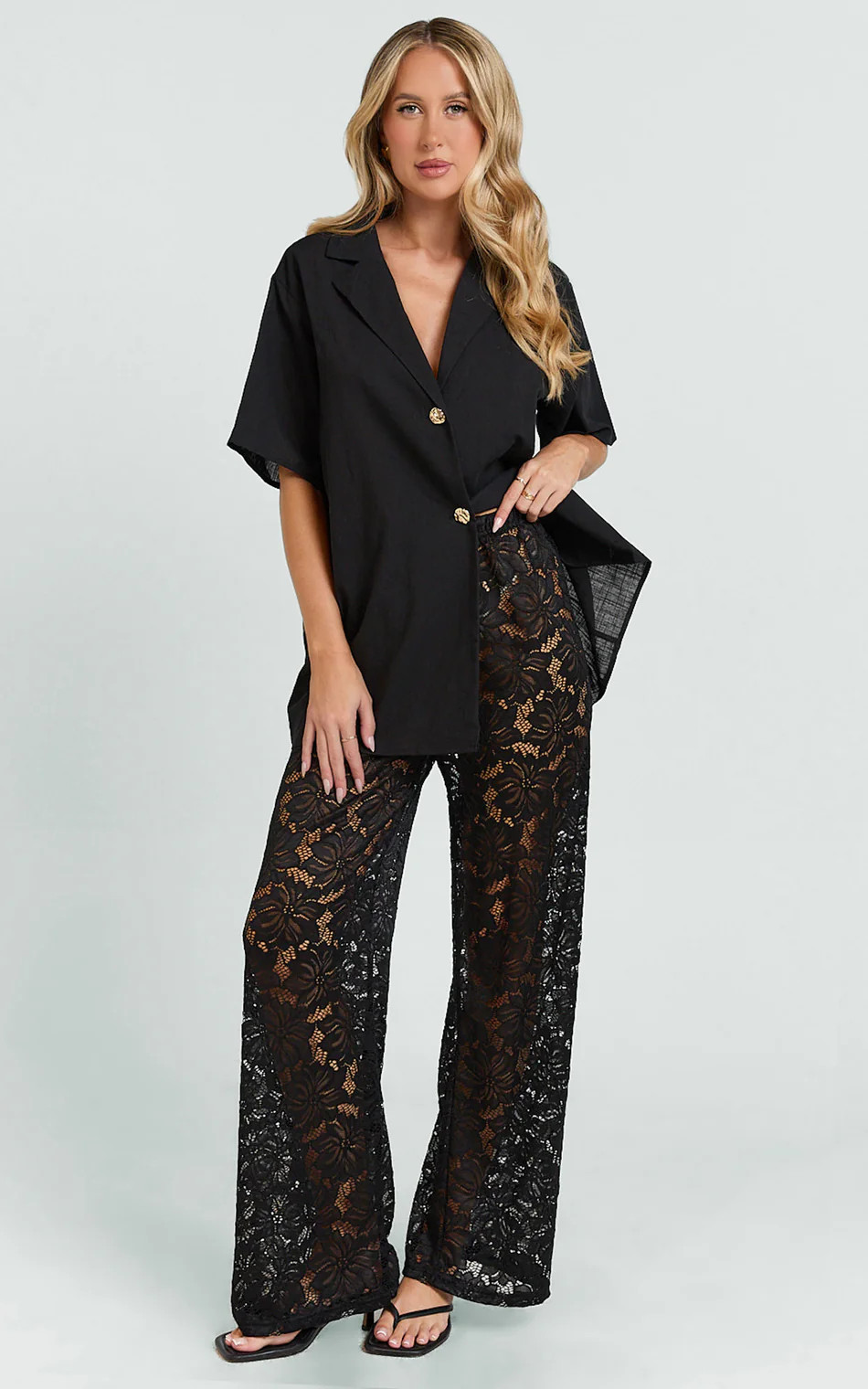 Relaxed Shirt and Lace Pants Set in Black | Showpo (US, UK & Europe)