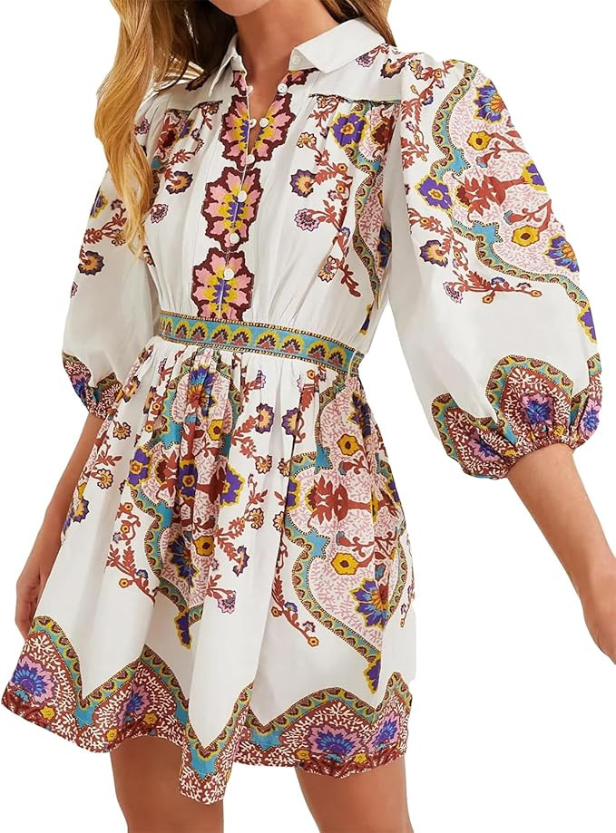 Qikaka Women's Half Sleeve Lapel V Neck Printed Button Bodycon Sexy Nightclub Party Mini Dress | Amazon (US)