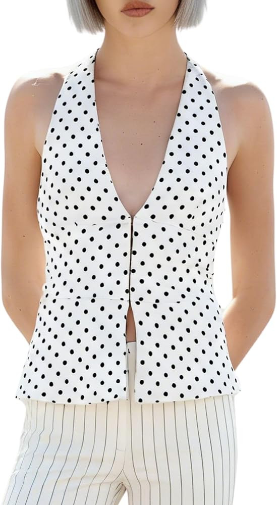 Chevara Women\u2019s Polka Dot Halter Top Backless Elastic V Neck Bodysuit Tops Camisole Shirt | Amazon (US)