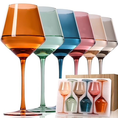 Colored Wine Glasses Set 6-16oz Multi Colored Wine Glasses with Stems, Hand Blown Colorful Wine Glasses Set, Unique Wine Glasses for Women Home Party | Amazon (US)