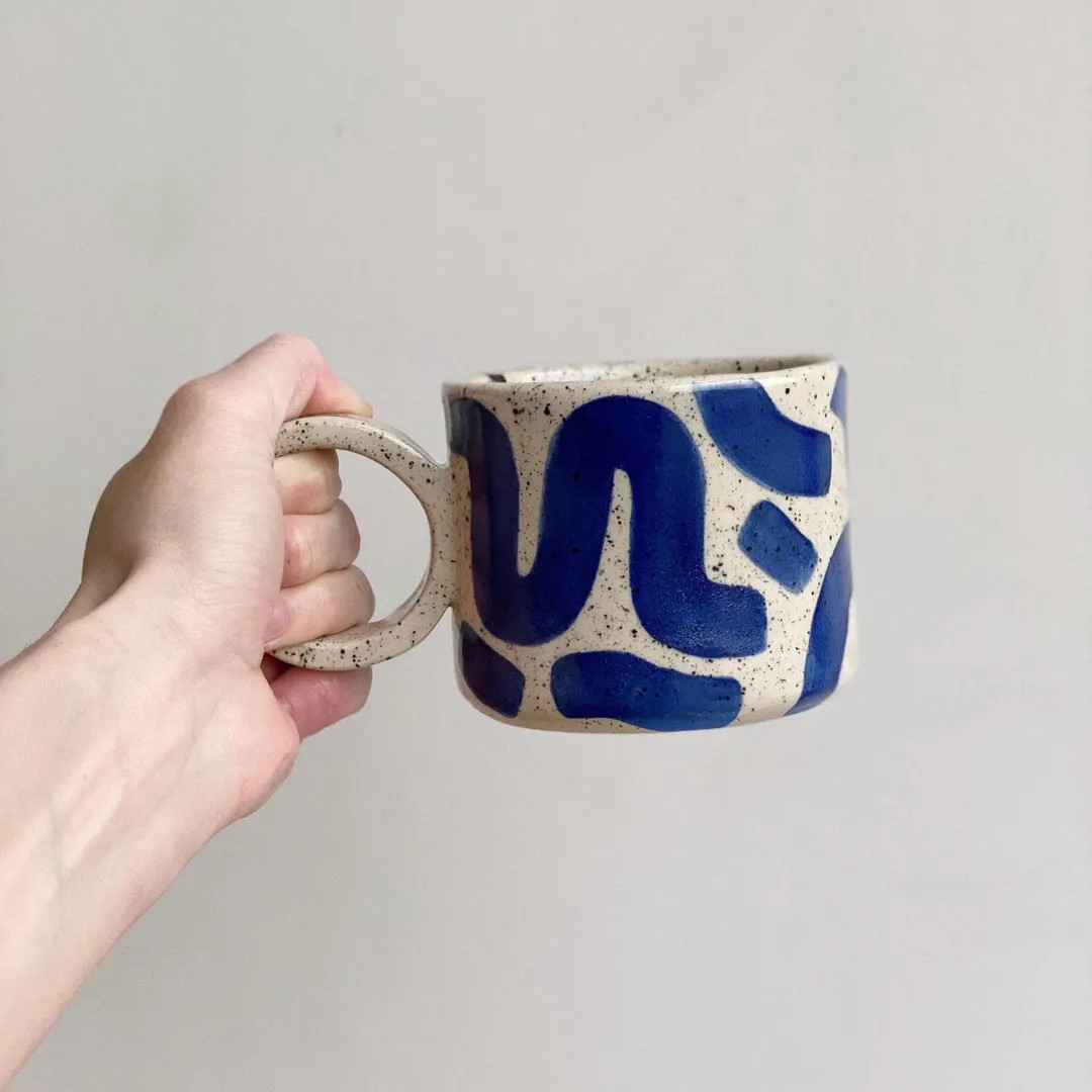 Blue Scribble Mug / Handmade Speckled Stoneware Cappuccino Mug With A Handle / Modern Design Coff... | Etsy (US)