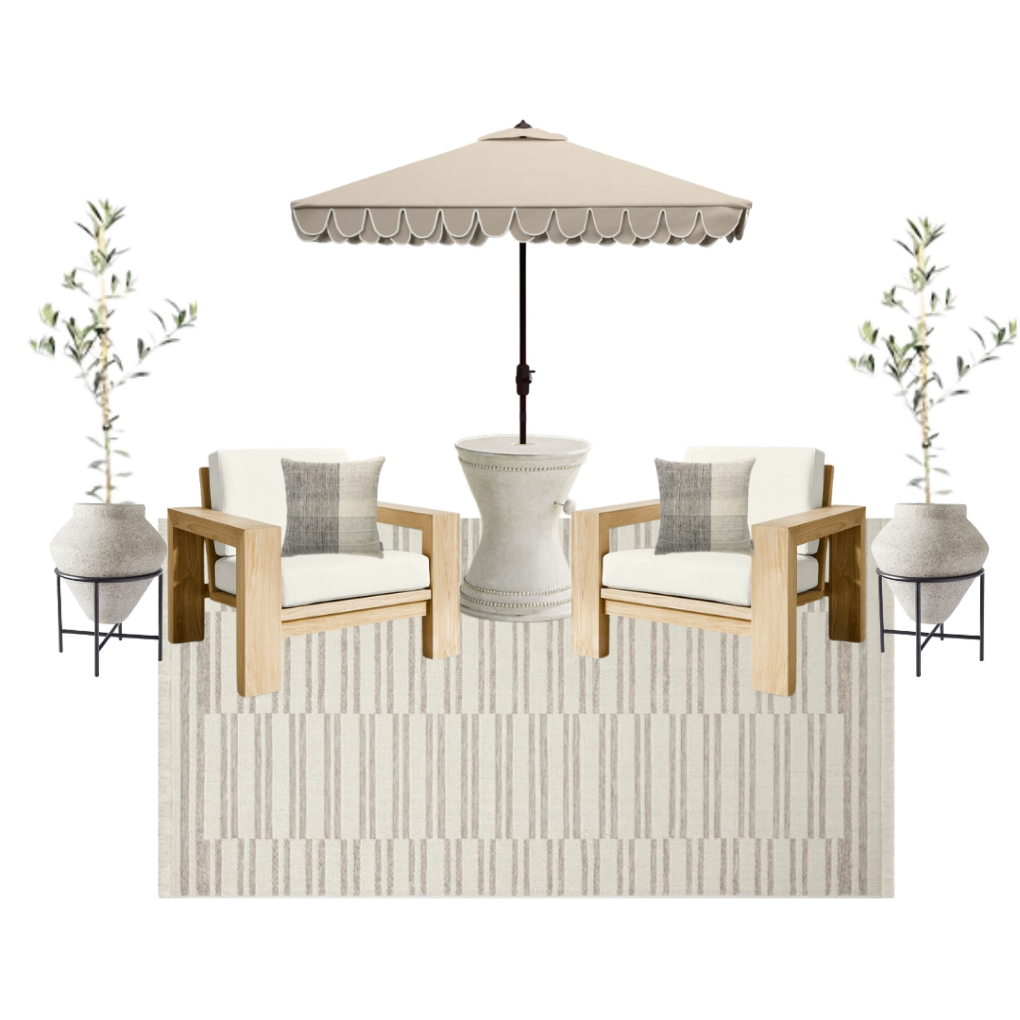 Small outdoor setup in neutral colors. Minimal design. Rectangular outdoor  umbrella, teak chairs, olive tree, olive pots, outdoor rug, outdoor pillow. Umbrella table. 

New Vision Home
Pottery Barn 
LoiLoi x Amber Lewis 

#LTKStyleTip #LTKSeasonal #LTKHome