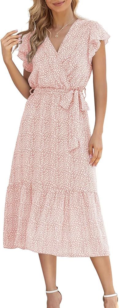 Dazosue Women Short Sleeve Midi Dress Floral V Neck Summer Tie-Waist Casual Dresses | Amazon (CA)