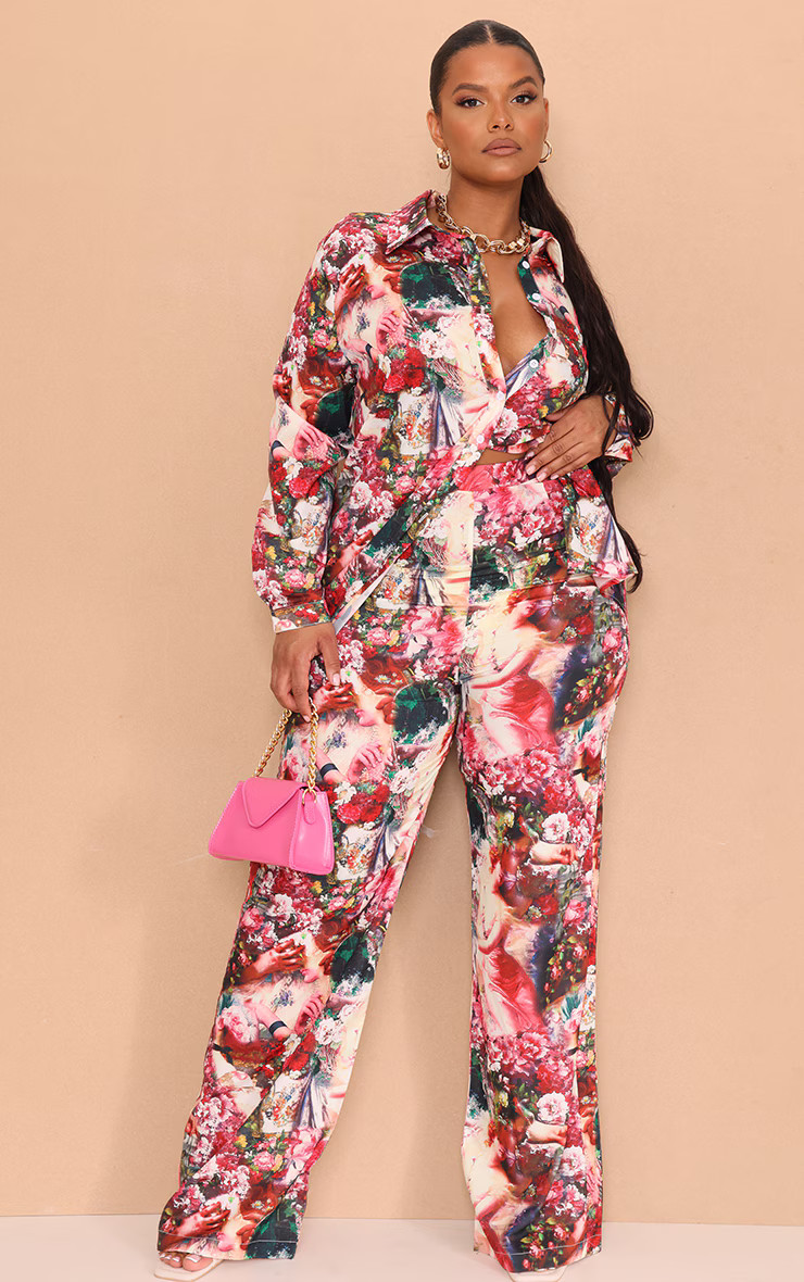 Plus Rose Femme Renaissance Print Wide Leg Pants | PrettyLittleThing US