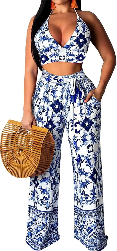 Elegant Two Piece Outfits for Women Sexy Bandage Top Long Straight Pants Swimwear Sets Coverups V... | Amazon (US)