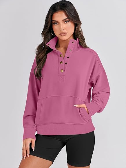 ANRABESS Women's Casual Long Sleeve Sweatshirt Button Up V Neck Loose Henley Pullover Tops with P... | Amazon (US)